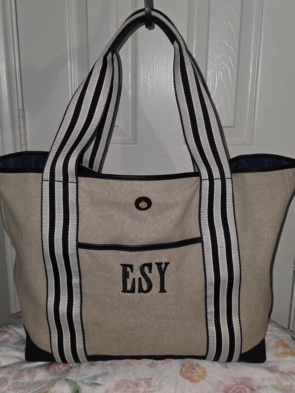 Paravel Cabana Tote Bag Extra Large Tan Black Stripes Monogram "ESY